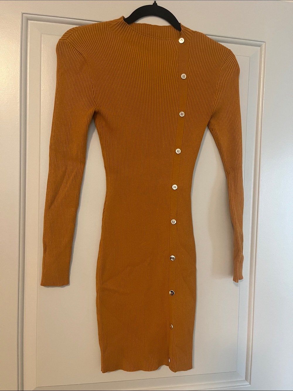 Long-Sleeve Ribbed Bodycon Dress with Asymmetric Buttons - Mustard